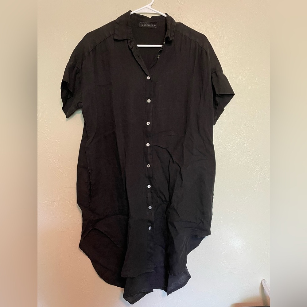 Cut Loose Black Linen Button-Up Tunic Blouse Shirt Dress